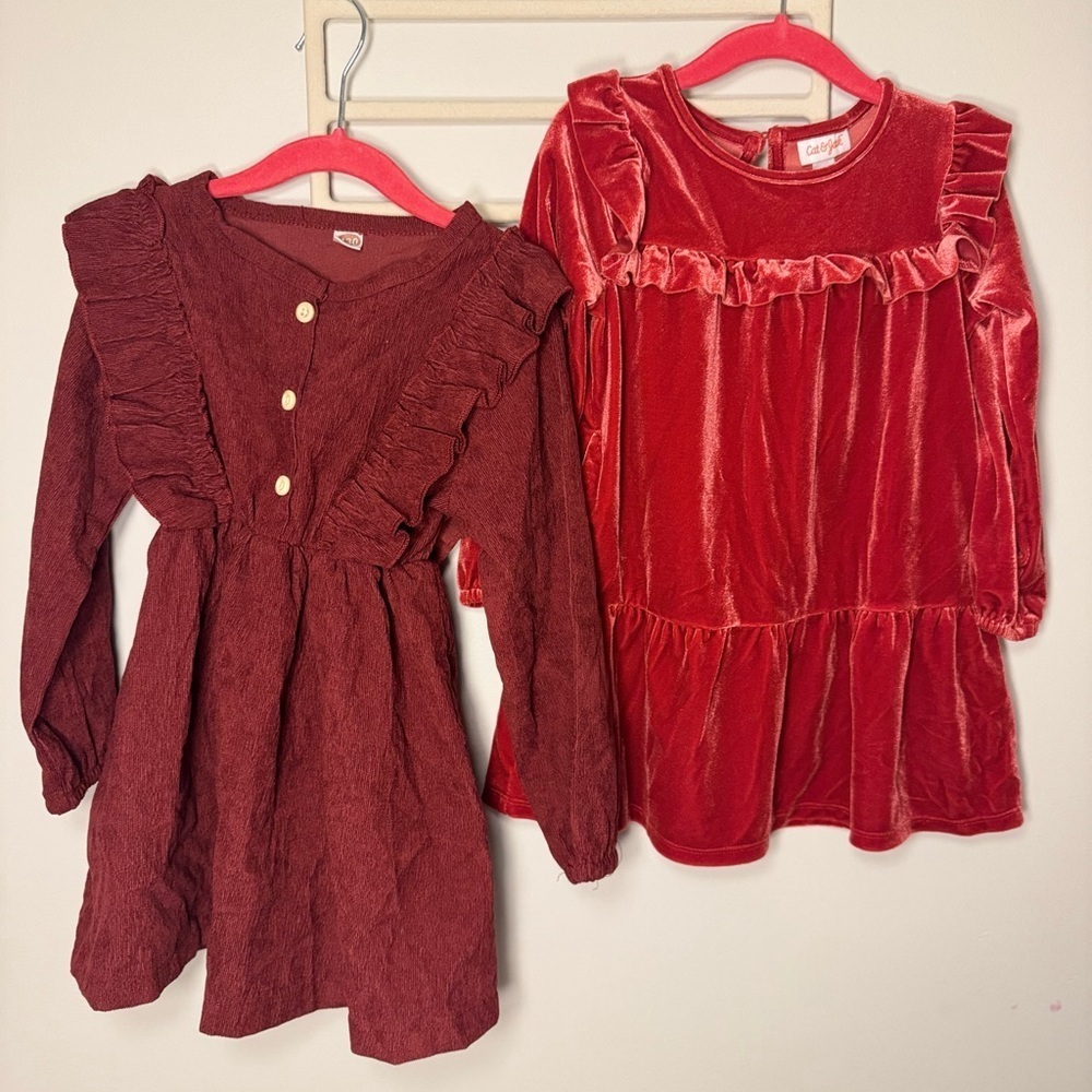 3T Long Sleeve Ruffle Corduroy and Velvet Dresses